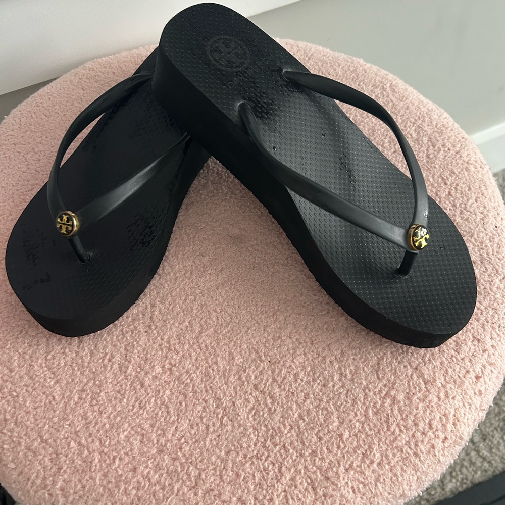 Tory Burch Black Sandals with Gold Accents